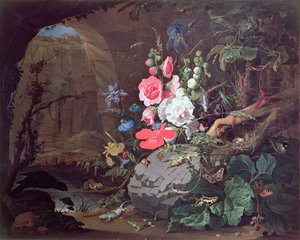 Bloemen en vogels in een grot